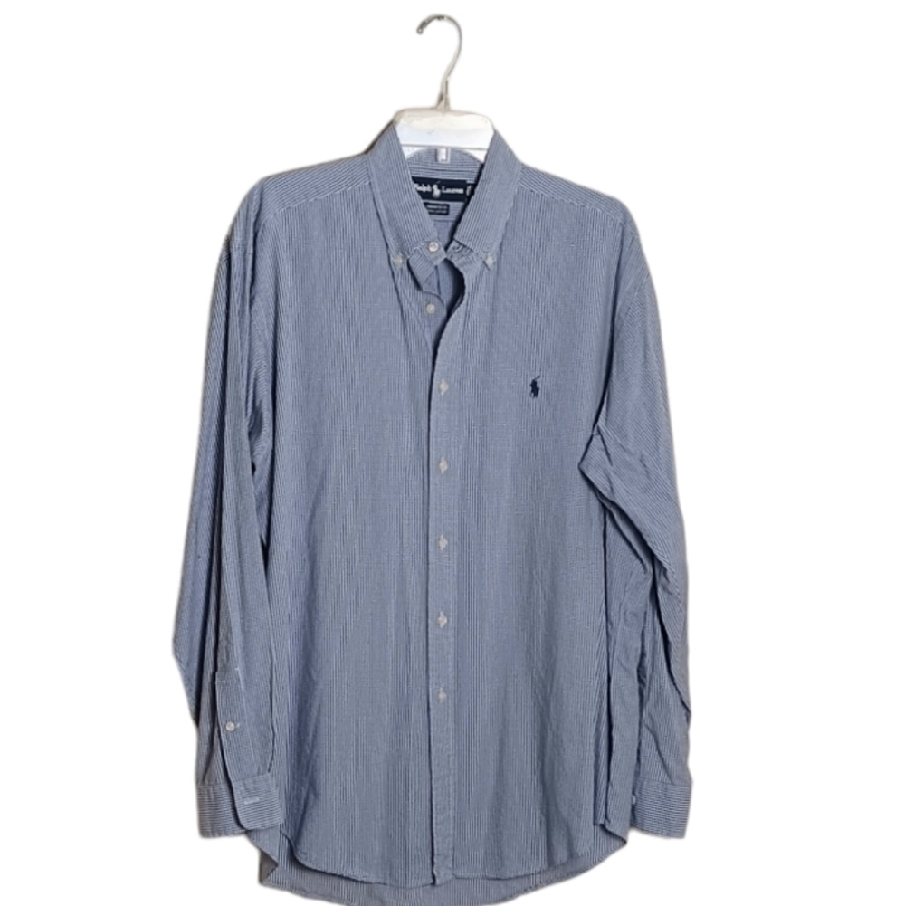 Ralph Lauren Men's Blue And White Check Long Sleeve Shirt. Size L